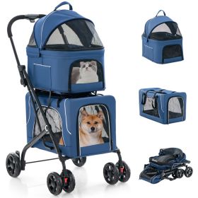 Double Pet Stroller Foldable 3-in-1 Dog Stroller with 2 Detachable Carriers (Color: Blue)